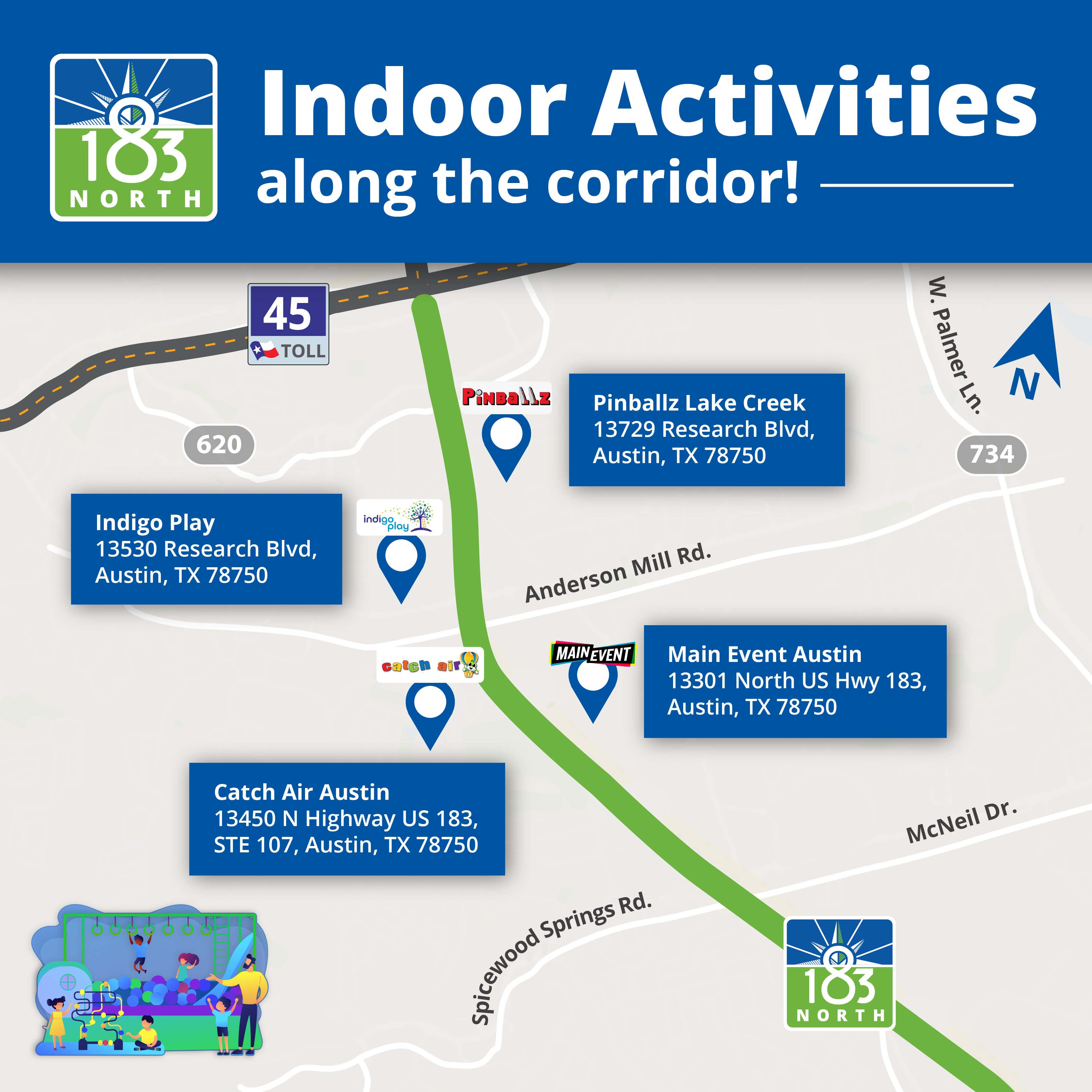 A map with the words, “Indoor activities along the corridor” with locations along the 183 North Mobility Project corridor. Each location is marked with a pin including Indigo Play, Pinballz Lake Creen, Main Event Austin and Catch Air Austin. 